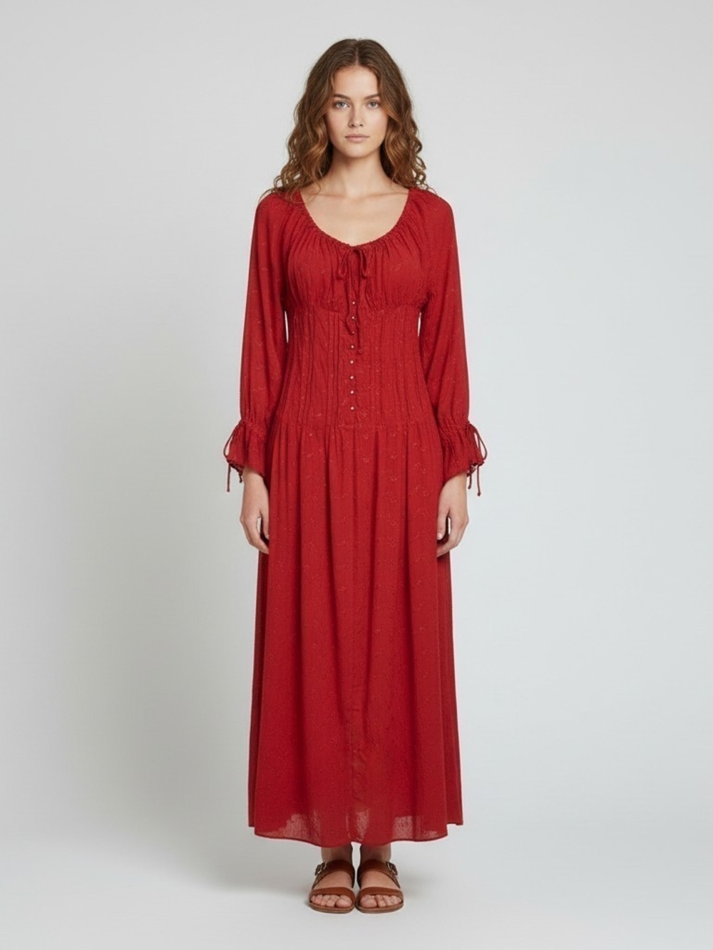 Boston Proper Maxi Dress Smocked Corset Peasant Boho Red Dress Size Small